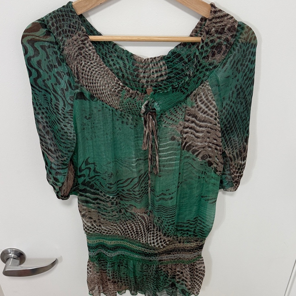 Green Mixed Animal Print Sheer Blouse